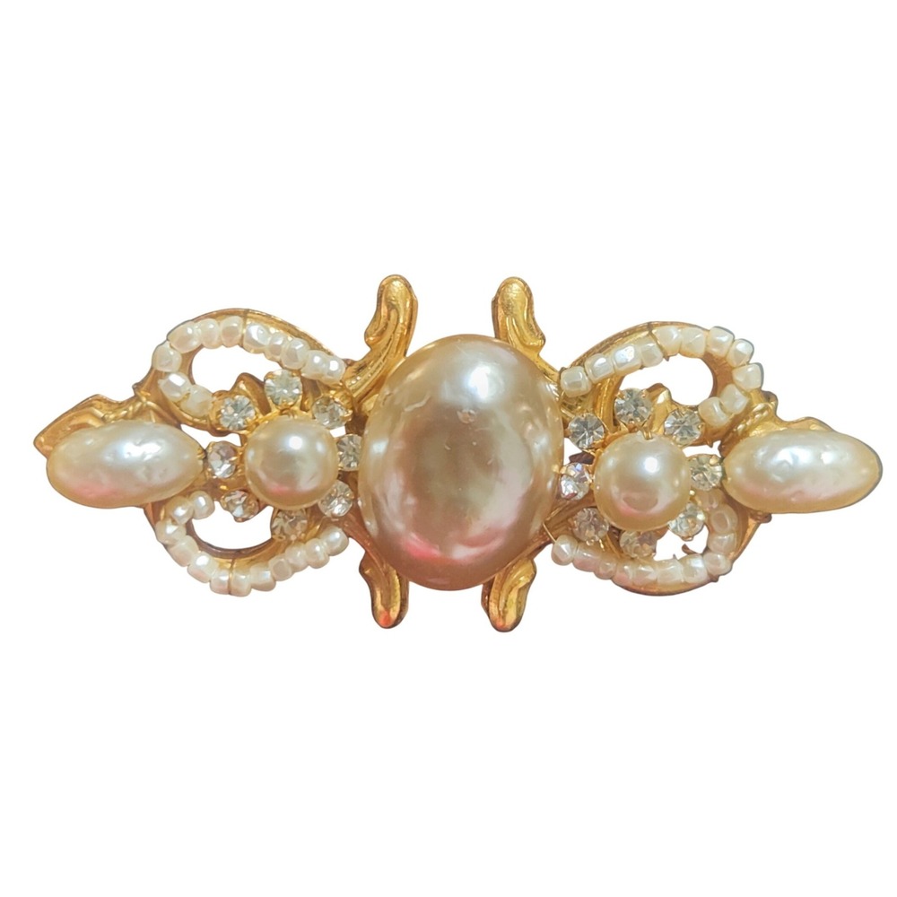 Miriam Haskell Brooch Faux Pearl Rhinestone Gold Tone vintage